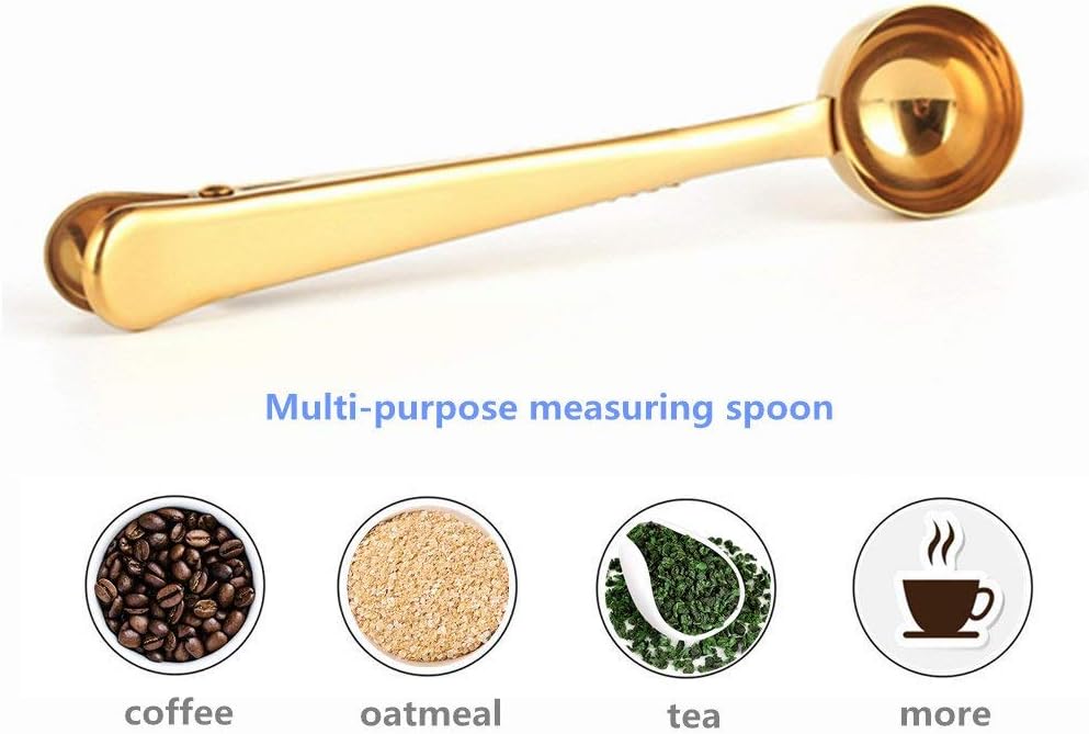 Coffee Scoop, Stainless Steel Golden Multi Function Coffee Measuring Spoon，Great Measuring Coffee, Tea，Protein Powder, Instant Drinks More - Perfect Coffee Spoon Bag Clip
