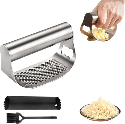 Stainless Steel Garlic Press Rocker, 2026 New Heavy Duty Ergonomic Garlic Crusher Tool with Peeler and Brush for Smash Garlic Built-in Bottle Opener - Easy Kitchen Gadget for Home Cooks (1PC)