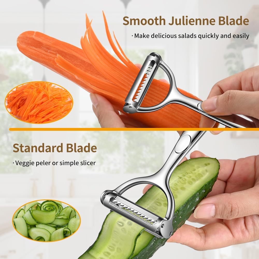 2 in 1 Ultra Sharp Julienne Peeler Vegetable Peeler for Kitchen with Clean Brush, Potato Peeler Y Peelers for Potatoes, Carrots, Fruits, Veggie, 2 Pack