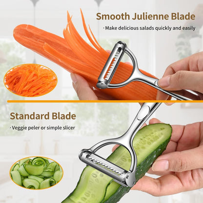 2 in 1 Ultra Sharp Julienne Peeler Vegetable Peeler for Kitchen with Clean Brush, Potato Peeler Y Peelers for Potatoes, Carrots, Fruits, Veggie, 2 Pack