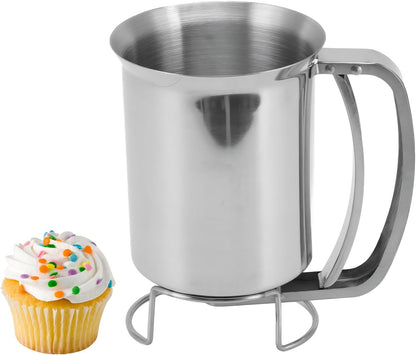 800ml/27oz Pancake Batter Dispenser with Easyflow Spout - Handheld Stainless Steel Pourer for Baking Pancakes, Crepes, Waffles, Cupcakes & Muffins, Measuring Gauge in MLS & Cups (4.1x6.4in)