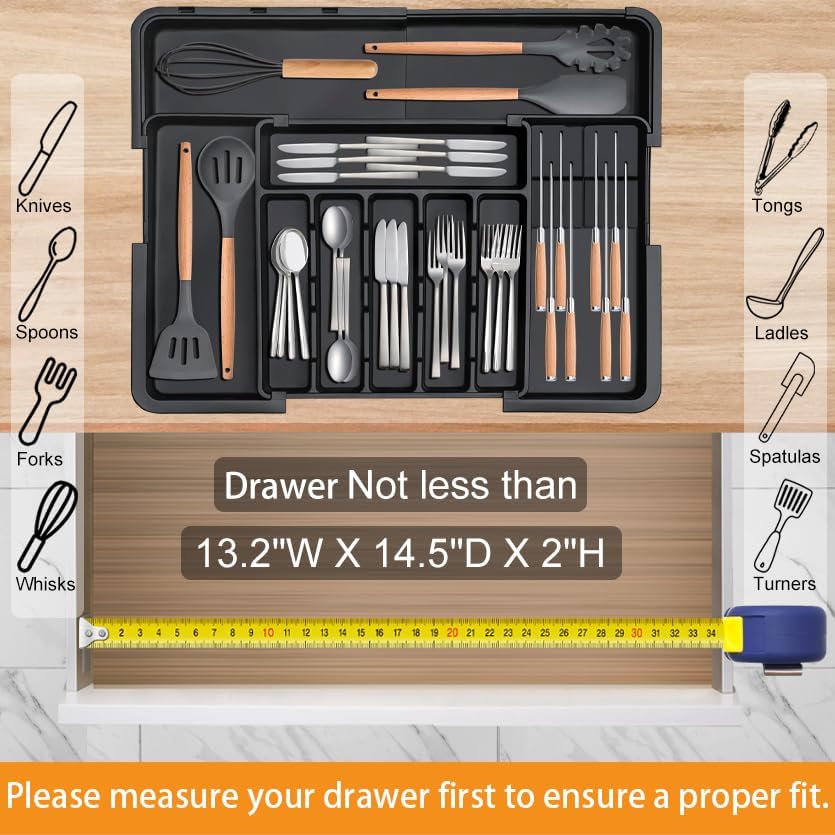 Homecor Silverware Organizer - Expandable Large Kitchen Drawer Organizer Utensil Organizer with 2 Removable Knife Blocks, 22"x 19"Cutlery Tray Drawer Dividers for Kitchen Flatware(6-9 Slots) (Black)