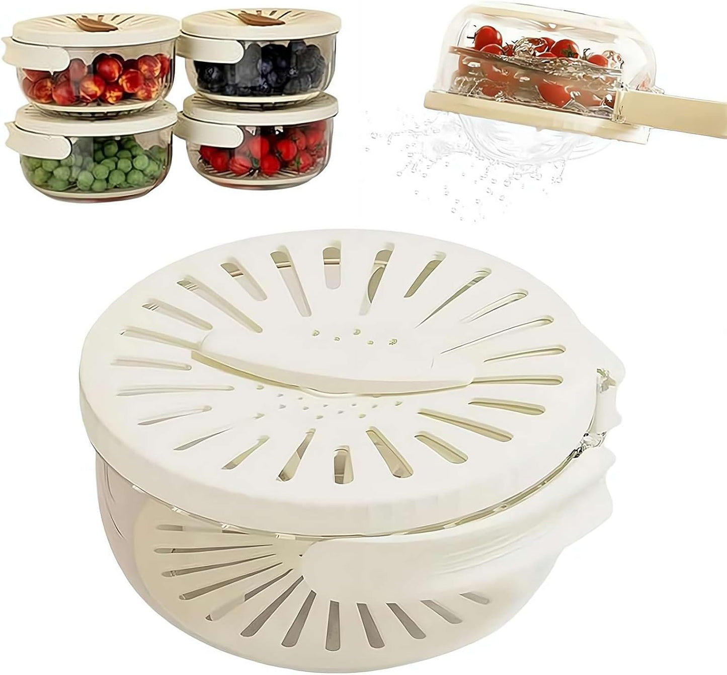 Multi-Functional Fruit and Vegetable Washing Bowl,2 in 1 Drain Basket and Fruit Strainer Container with Lid,Produce Washer,Berry Container,Lettuce Keeper for Fridge Refrigerator Organization (White)