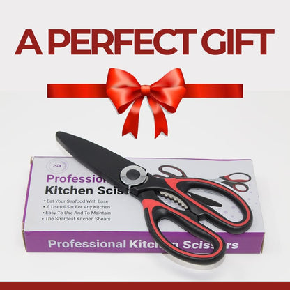 Professional Kitchen Scissors | 2-Pack Ultra Sharp Stainless Steel Kitchen Shears | Multi-Function Kitchen Scissors for Chicken, Fish, Meat, Vegetables, and Herbs (Black / Red)