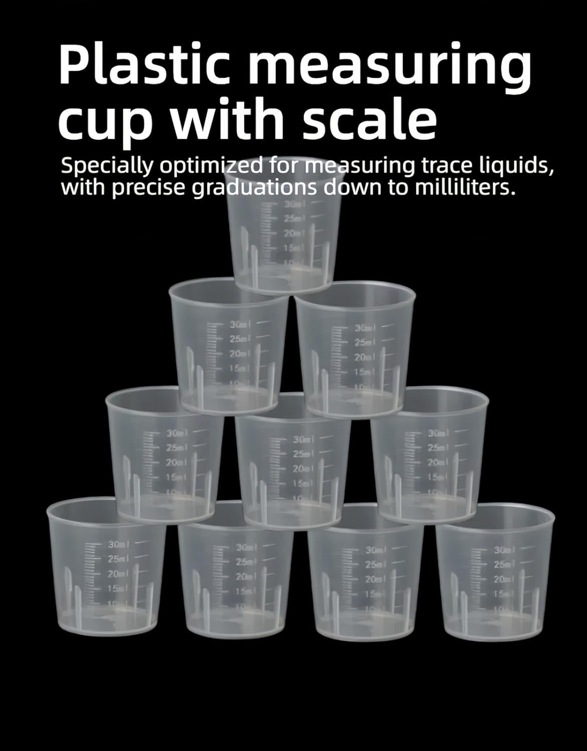 BPA-Free 30ml (1oz) Liquid Measuring Cups (10-Pack) - Mini Plastic Graduated Beakers for Kitchen, Lab, Crafts, Resin - Clear Dual Scale, Accurate safety, Stackable