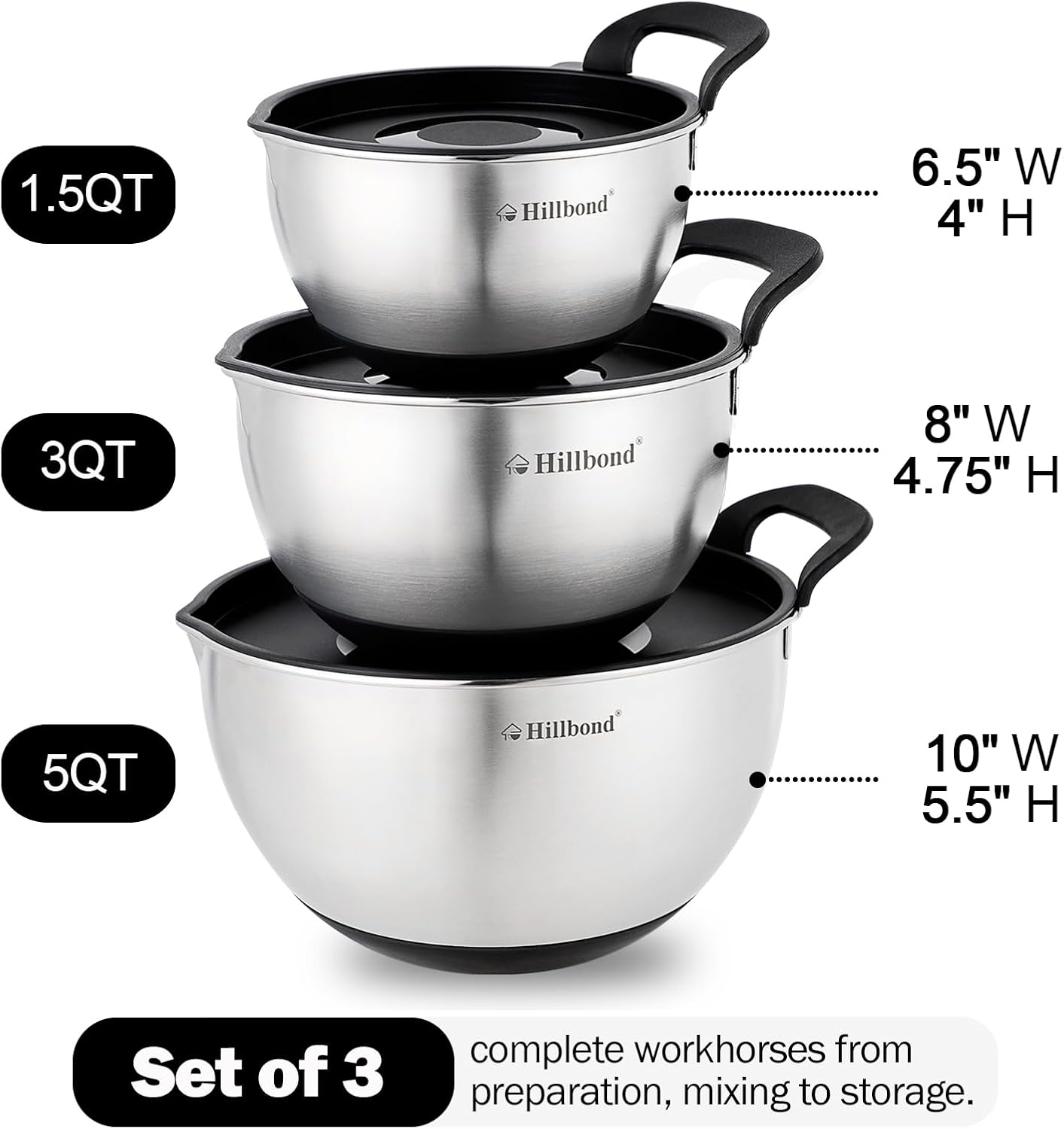 Hillbond Stainless Steel Bowls with Lids Set Mixing Bowls with Pour Spout, Silicone Handle and Non-Slip Bottoms for Baking, Metal Bowls Mixing Dishwasher Safe, Set of 3, Mother’s Day Gift (Black)