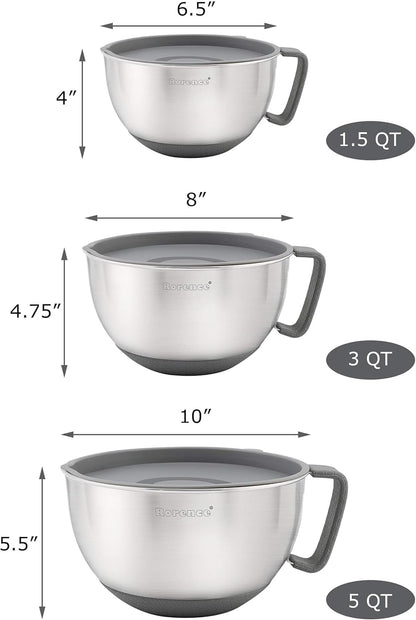 Rorence Stainless Steel Non-Slip Mixing Bowls With Pour Spout, Handle and Lid, Set of 3, Black