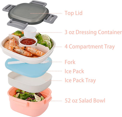 Freshmage Salad Lunch Container To Go, 52-oz Salad Bowls with 3 Compartments, Salad Dressings Container for Salad Toppings, Snacks, Men, Women (Blue)
