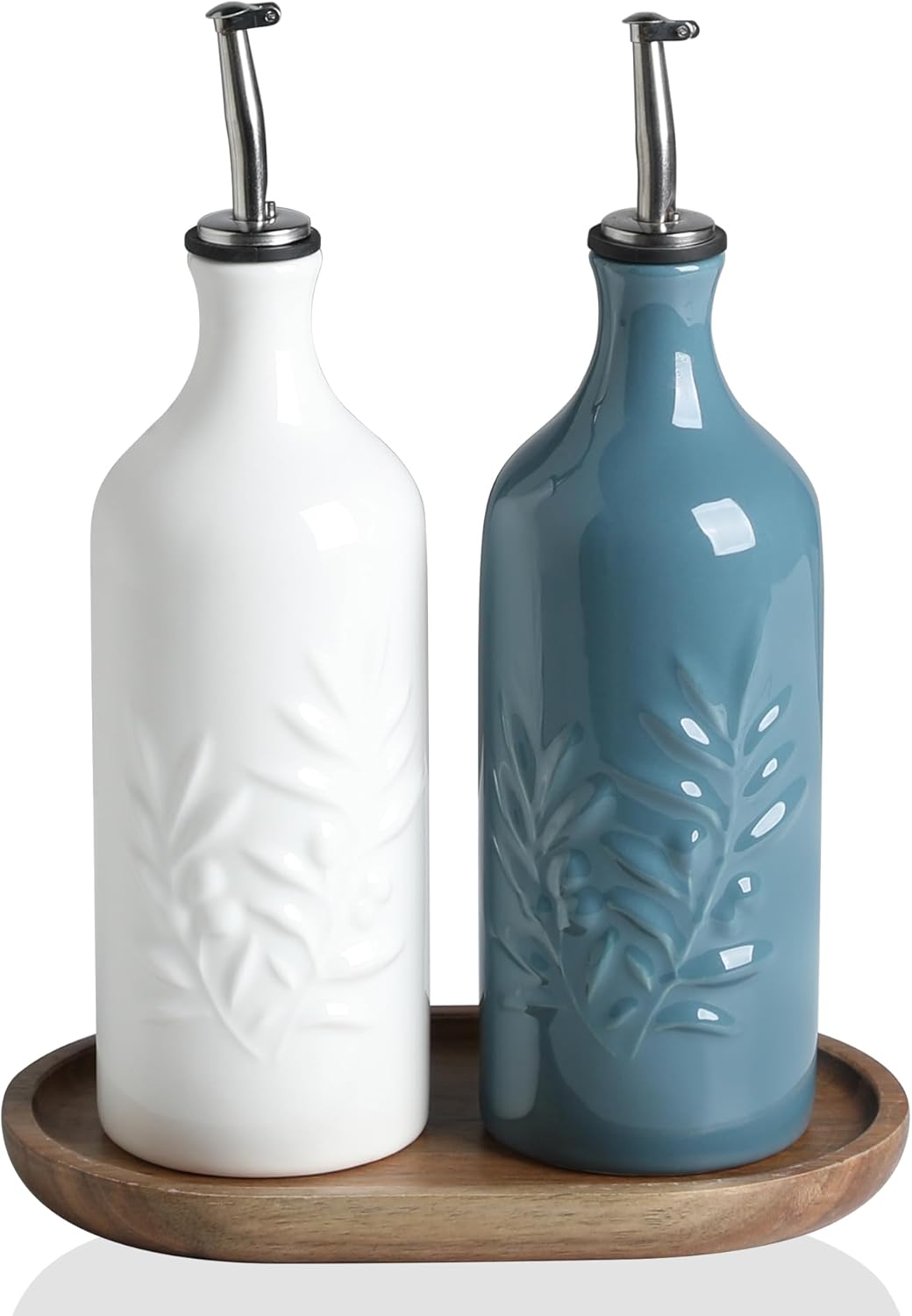 Sweejar Ceramic Olive Oil Dispenser Bottle 20 Oz Relief Opaque Oil Cruet Protects To Reduce Oxidation Suitable for Storage Vinegar, Soy Sauce, Coffee Syrup, Liquids, Set of 1 (Beige Gold Spout)