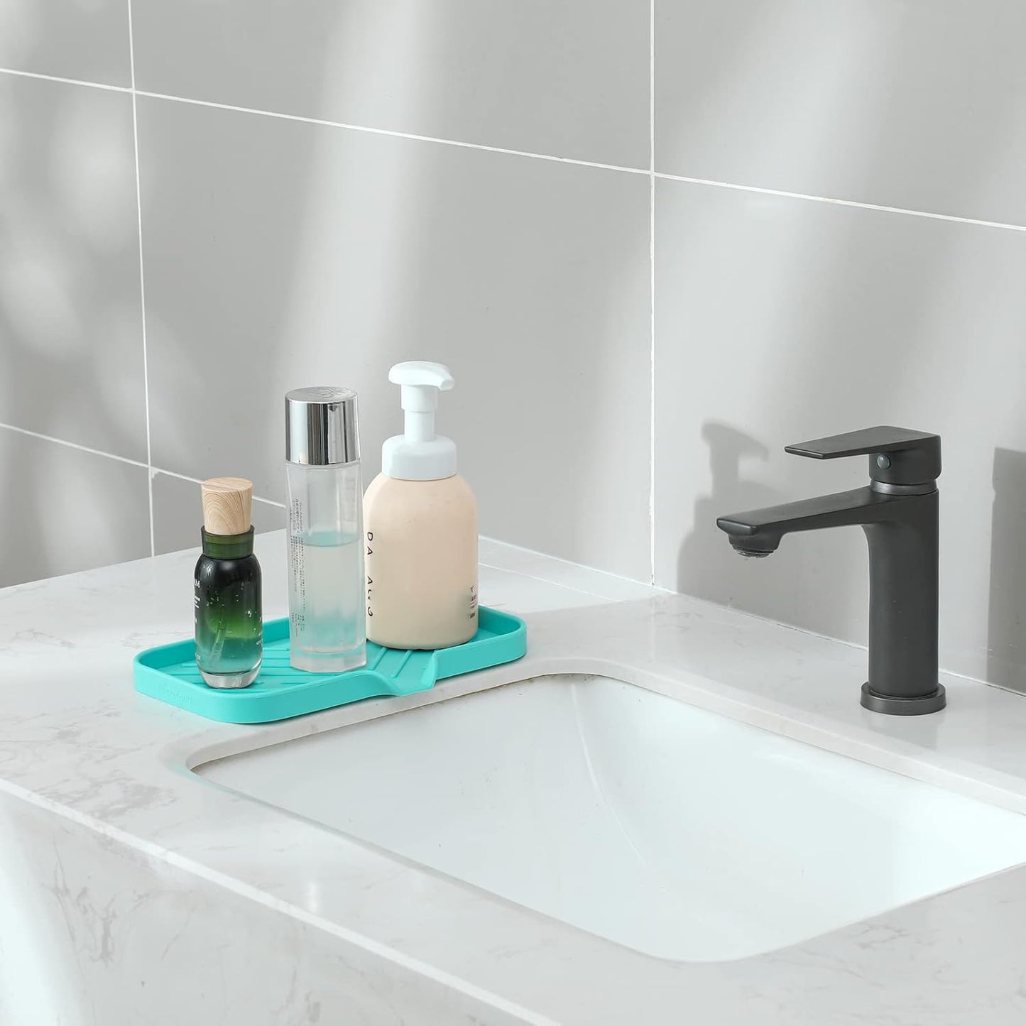 MicoYang Silicone Soap Dish with Drain Spout, Self-Draining Sink Organizer Tray for Bathroom and Kitchen, Sponges, Dispensers and Soap Holder, Non-Slip and Dishwasher Safe, Black (Compact, 4.9"×3.2")