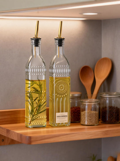 4 Pcs Olive Oil Dispenser Bottle for Kitchen,17oz Clear Glass Oil and Vinegar Dispenser Bottle Set, Classic Coffee Syrup Dispenser with 4 Stainless Steel Spouts and 1 Funnel (Round)