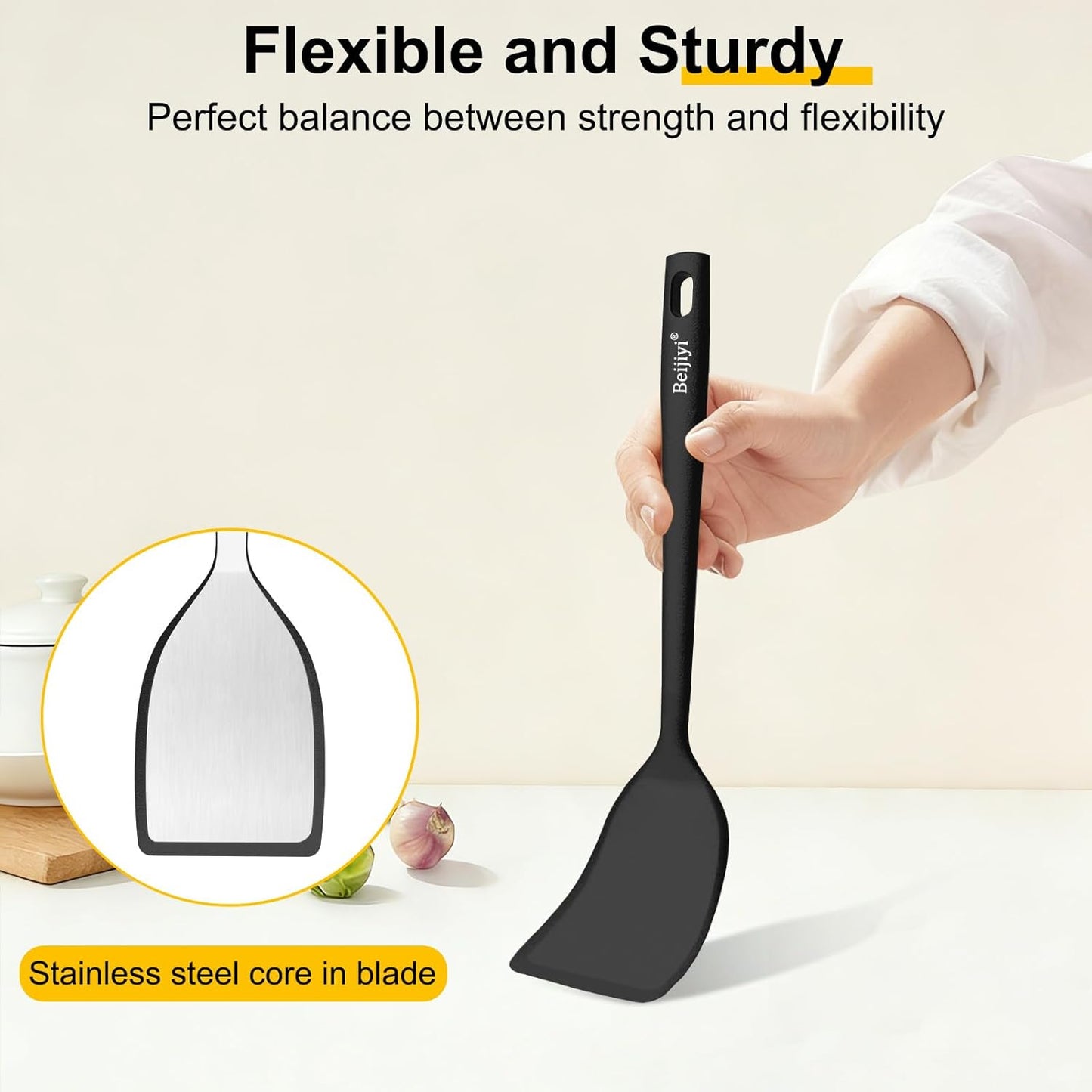Beijiyi Silicone Spatula Set of 4, 600°F Heat Resistant, BPA Free Kitchen Spatula and Spoons for Nonstick Cookware, Solid & Slotted Turner Cooking Utensils for Serving, Flipping Egg, Pancakes (Khaki)