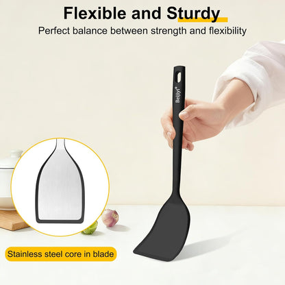 Beijiyi Silicone Spatula Set of 4, 600°F Heat Resistant, BPA Free Kitchen Spatula and Spoons for Nonstick Cookware, Solid & Slotted Turner Cooking Utensils for Serving, Flipping Egg, Pancakes (Khaki)