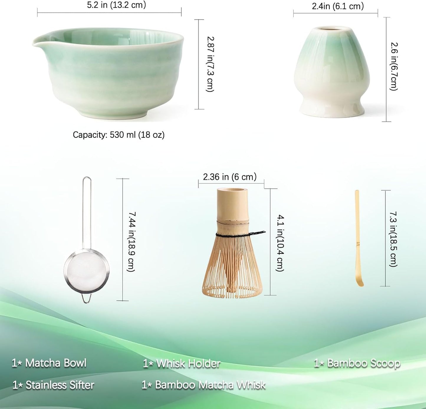 Buucup Matcha Set, Matcha Bowl with Spout, Matcha Whisk and Holder, Bamboo matcha Scoop and Stainless Sifter - 5 Pcs Jade Green Matcha Set Kit for Matcha Lover
