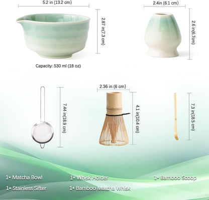 Buucup Matcha Set, Matcha Bowl with Spout, Matcha Whisk and Holder, Bamboo matcha Scoop and Stainless Sifter - 5 Pcs Jade Green Matcha Set Kit for Matcha Lover