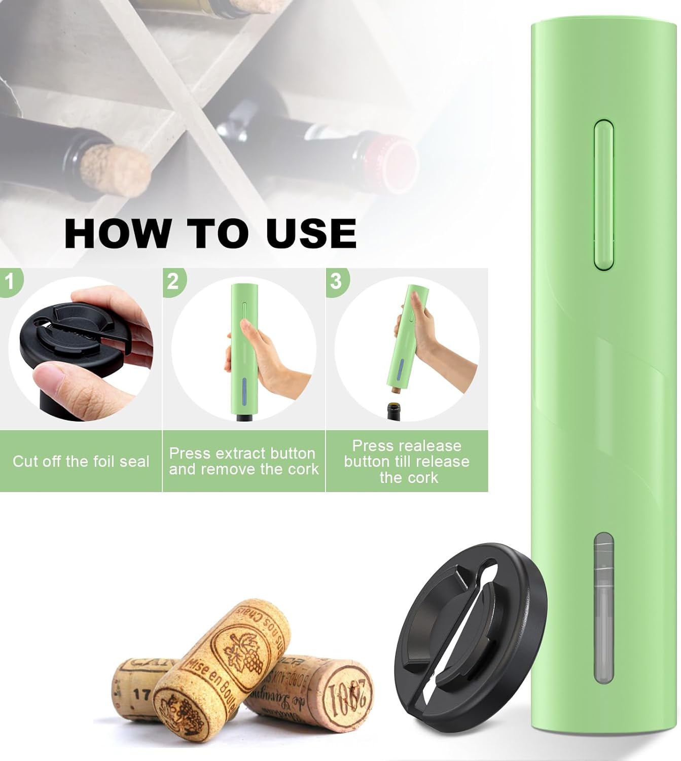 COKUNST Electric Wine Opener, Battery Operated Wine Bottle Openers with Foil Cutter, One-click Button Corkscrew Remover for Home Kitchen Party Wedding