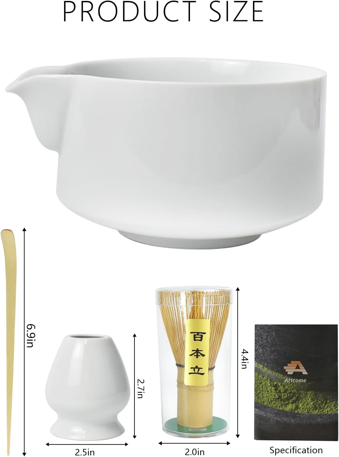 Artcome 4 Pcs Complete Matcha Ceremony Kit - Japanese Bowl With Pouring Spout, Whisk, Holder, Scoop - Tea Set for Making Usucha, Koicha and Latte (Green)