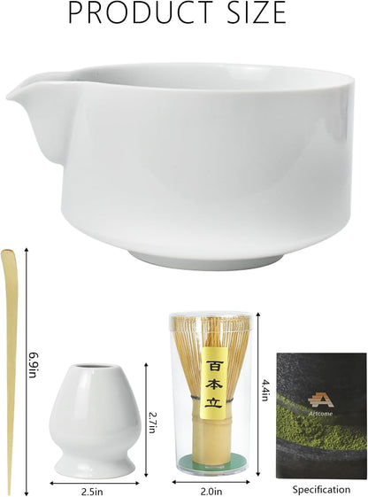 Artcome 4 Pcs Complete Matcha Ceremony Kit - Japanese Bowl With Pouring Spout, Whisk, Holder, Scoop - Tea Set for Making Usucha, Koicha and Latte (Green)