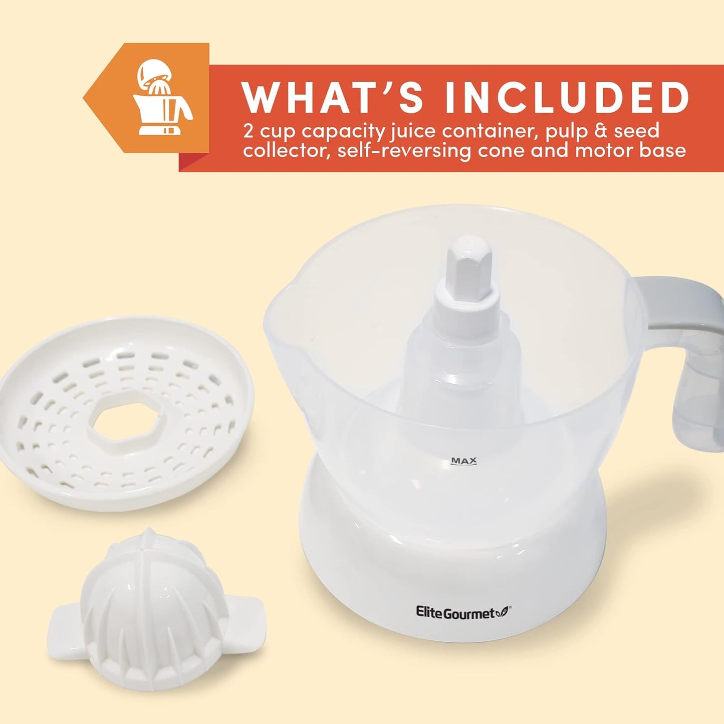 Elite Gourmet ETS-411 BPA-Free 30-Watt Electric Citrus Juicer Extractor: Compact Large Volume Pulp Control Oranges, Lemons, Limes, Grapefruits with Easy Pour Spout, 16 oz, White