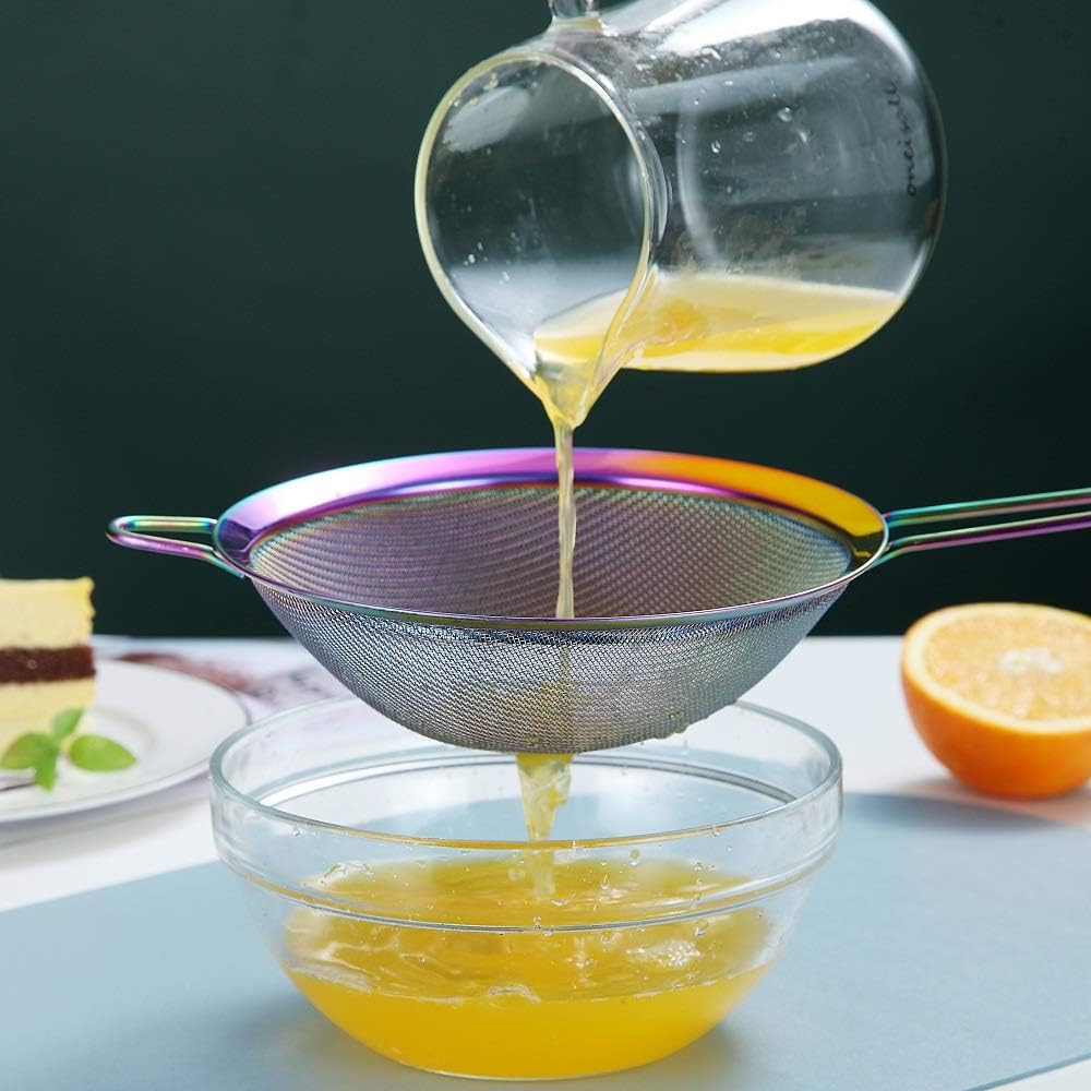 Gold Fine Mesh Strainer 3 Pieces Set, Golden Flour Sifter For Baking, Stainless Steel Clander, Gold Matcha Tea Strainer, Gravy Separator, Stasher Sieve Pasta Strainers