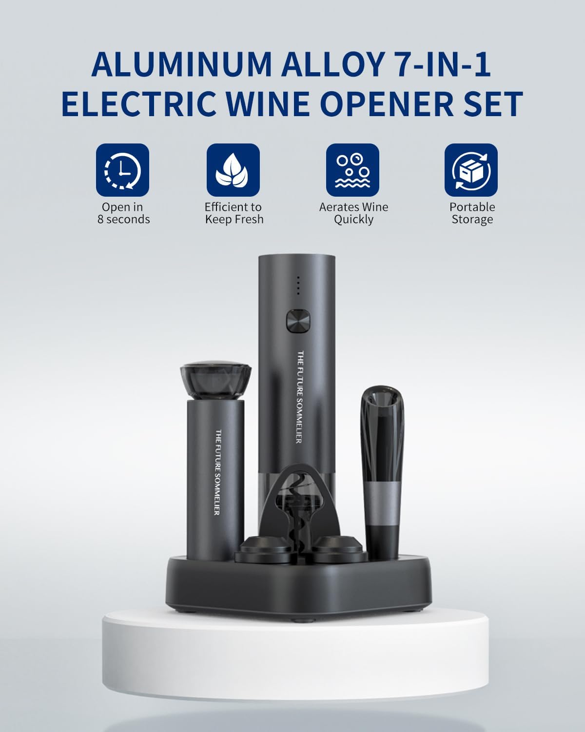 CIRCLE JOY Electric Wine Opener Stainless Steel Rechargeable Automatic Wine Bottle Opener Set 7-in-1 Wine Gifts for Wine Lovers with Charging Base, Foil Cutter, Wine Aerator Pourer & 2 Vacuum Stoppers