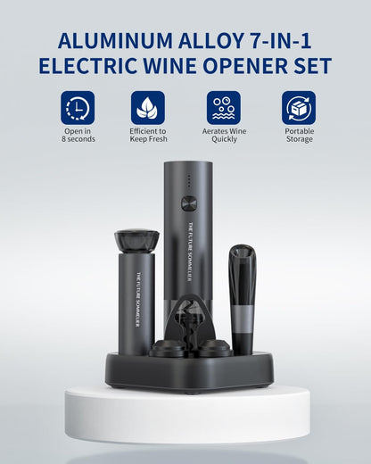 CIRCLE JOY Electric Wine Opener Stainless Steel Rechargeable Automatic Wine Bottle Opener Set 7-in-1 Wine Gifts for Wine Lovers with Charging Base, Foil Cutter, Wine Aerator Pourer & 2 Vacuum Stoppers