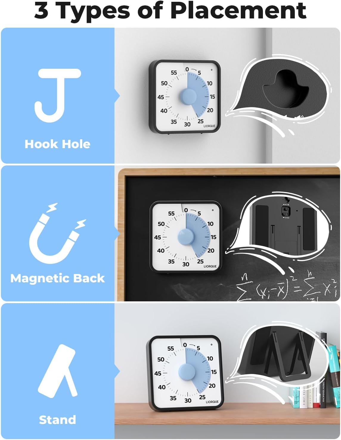 LIORQUE 60 Minute Visual Timer for Kids and Adults, Non-Ticking 7.5 Inch Large Visual Countdown Timers for Classroom Desk Countdown Clock with Magnetic Backing, Kids Pomodoro Timer Clock