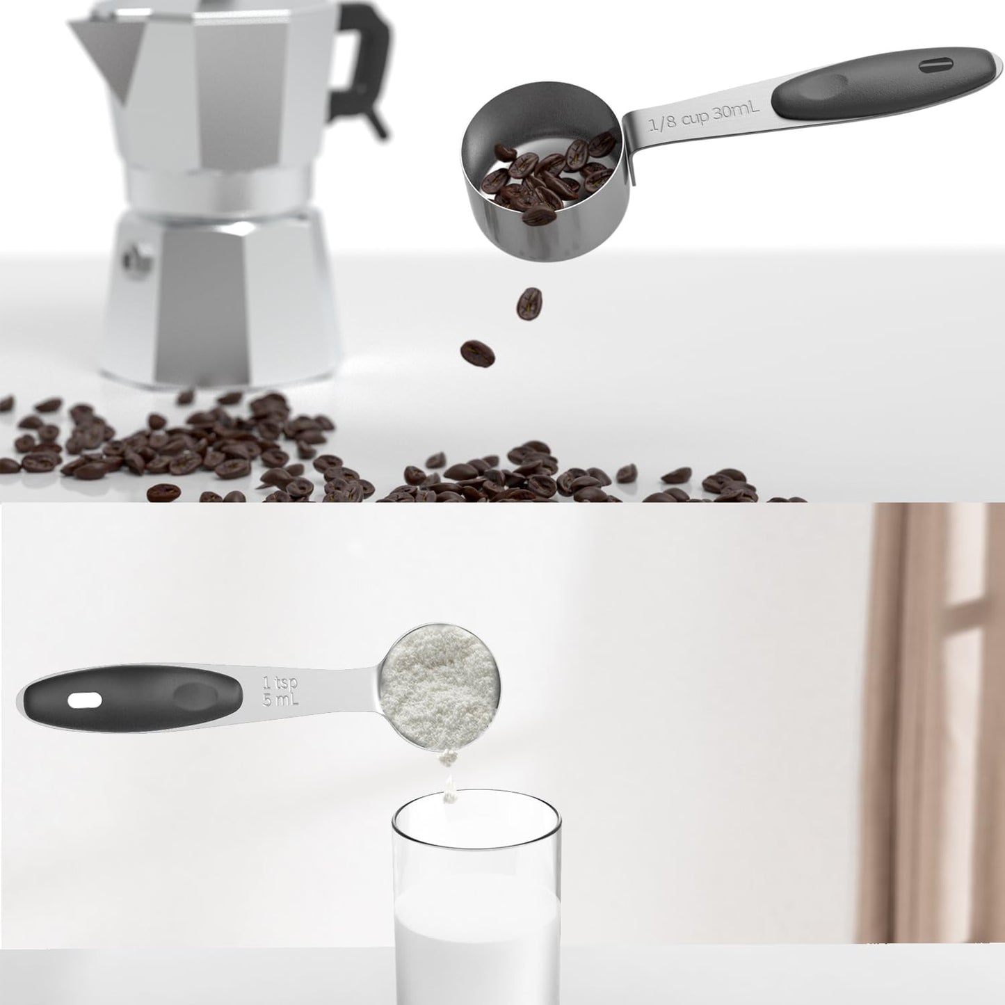 ENLOY Stainless Steel Measuring Cups and Spoons Set of 10 Piece, Soft Silicone Handles and Clearly Scale, Nesting Liquid Measuring Cup Set or Dry Measuring Cups Set (Black)