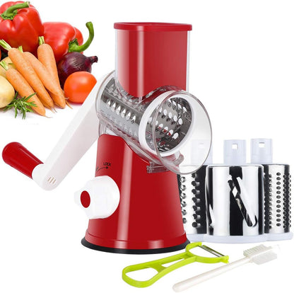 Ourokhome Rotary Cheese Grater Hand Crank, Kitchen Shredder Speed Mandolin Slicer Nut Grinder with Handle and Drum Blades for Cheese, Vegetable, Walnut, Chocolate, Potato, Carrot, 3 Blades, Dark Blue
