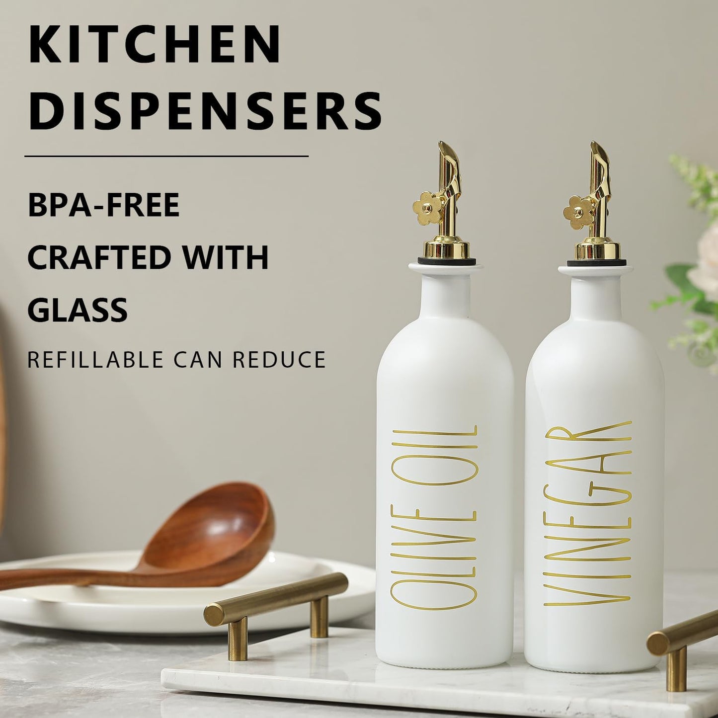 HOMCDALY Premium Olive Oil Dispenser for Kitchen, 11.8oz Glass Oil Bottles with Bamboo Tray, White and Gold Oil&Vinegar Cruet Set, Kitchen Dispenser Bottles with Pourer| Set of 2 (11.8oz –P–Gold)