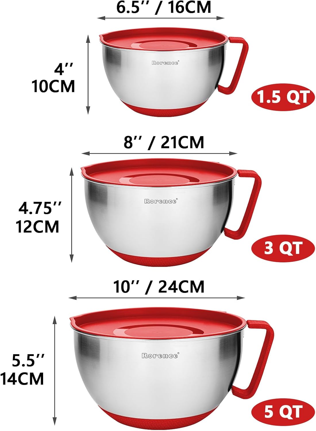 Rorence Stainless Steel Non-Slip Mixing Bowls With Pour Spout, Handle and Lid, Set of 3, Black