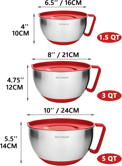 Rorence Stainless Steel Non-Slip Mixing Bowls With Pour Spout, Handle and Lid, Set of 3, Black