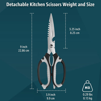 BoFuYuan Kitchen Scissors, 9-Inch Heavy Duty Multipurpose Food Cutting Shears, Detachable Dishwasher Safe, Sharp Serrated Blade, Ergonomic Non-Slip Handle for Food, Meat, Herbs, Black
