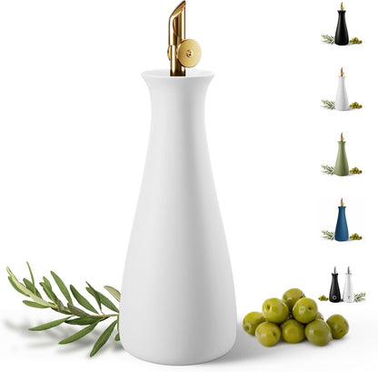 HB Design Co. Ceramic Olive Oil Dispenser with Self-Closing Gold Spout - 530 ML Capacity Matte White Ceramic Oil Dispenser for Kitchen - Leak Proof EVOO Dispensing Bottle