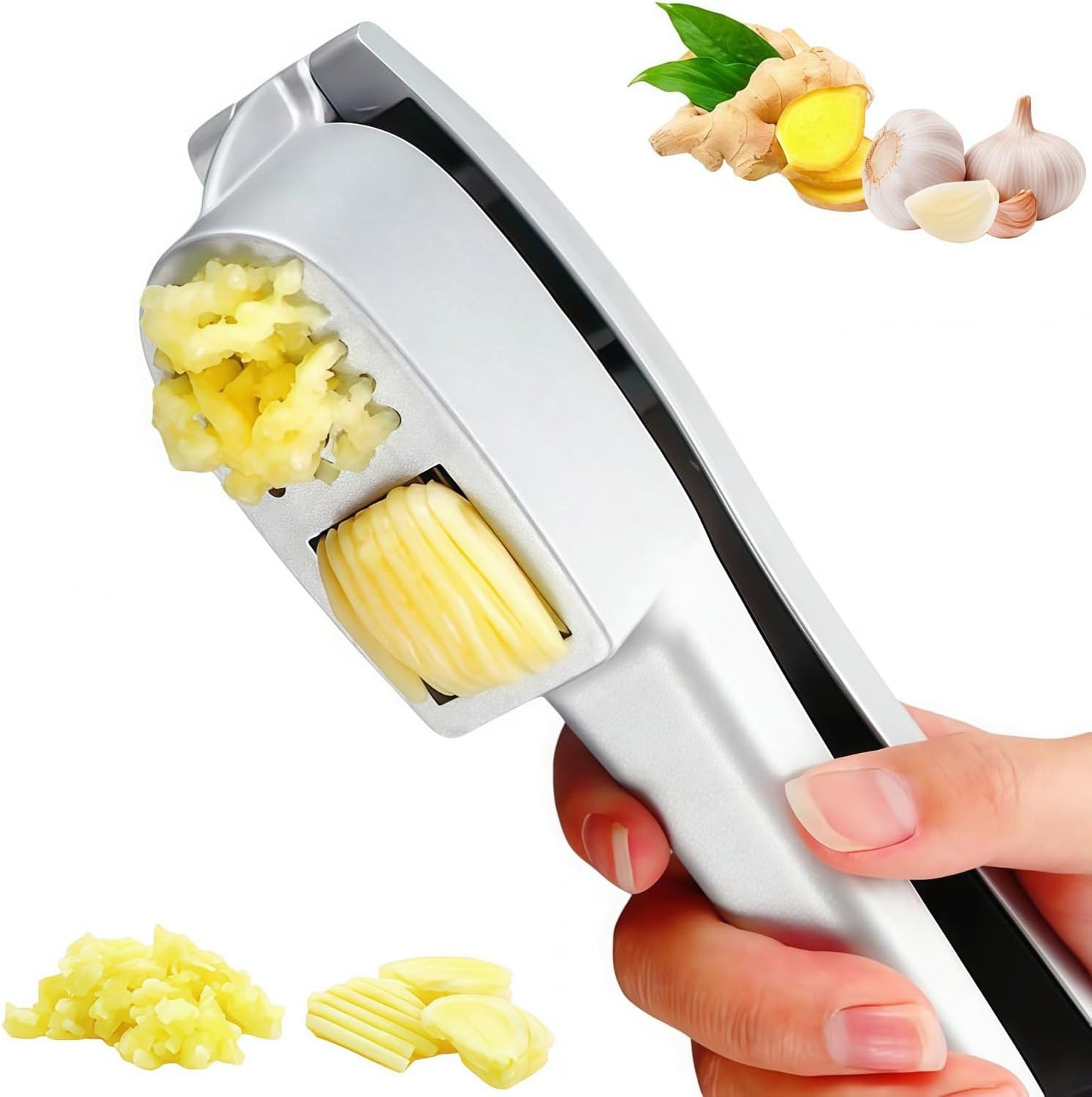 Professional 2 in 1 Garlic Press & Slicer,Multifunctional Garlic Mincer Tool with Ergonomic Handle,Effortlessly Crush,Slice and Mince Garlic,Rust-Proof,Easy to Squeeze and Clean,Dishwasher Safe