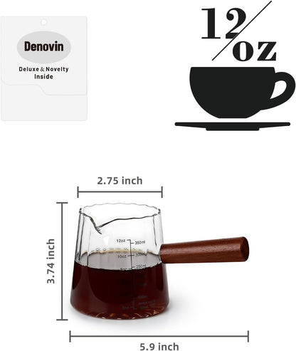 Glass Measuring Cup, 12oz Pour Over Coffee Maker with Wood Handle, Creative V-Shaped Spout Creamer Milk Frothing Pitcher Coffee Carafe Server (2-Gray)