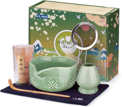 Matcha Whisk Set, Ceramic Matcha Set Includes Bowl with Spout, Whisk and Holder, Bamboo Scoop, Sifter and Tea Towel - 6 Pcs Matcha Kit Gift for Lovers Beginners (Pink)