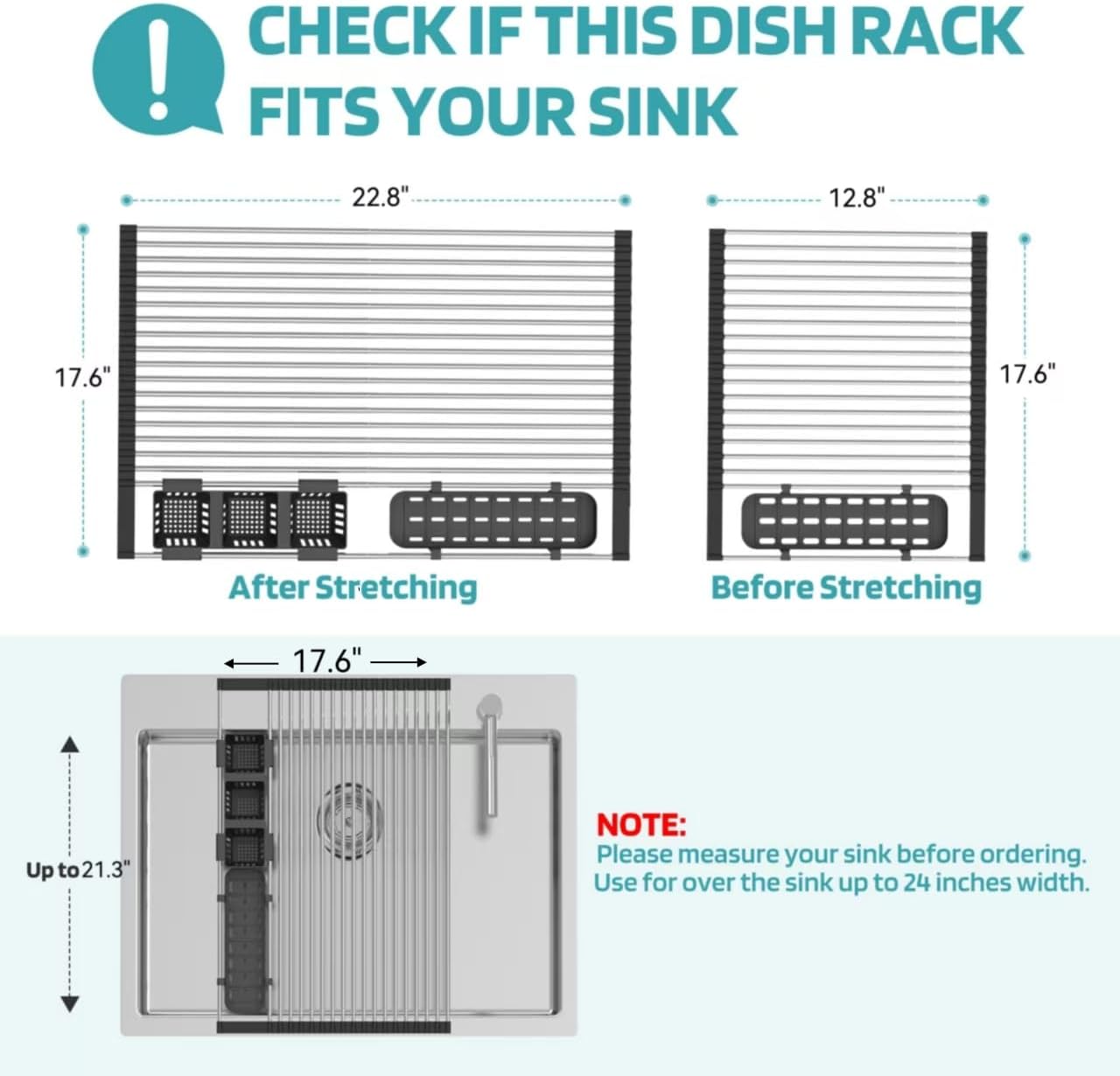 Black Expandable Roll Up Dish Drying Rack Up to 22.8''with 2 Storage Baskets,Over The Sink Kitchen Rolling up Dish Drainer Drying Rack , Foldable,Rollable,for Kitchen Dishes(Expandable Width Size)