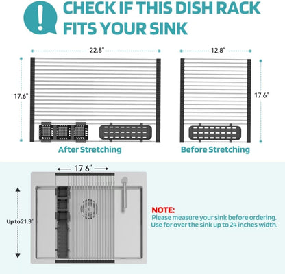 Black Expandable Roll Up Dish Drying Rack Up to 22.8''with 2 Storage Baskets,Over The Sink Kitchen Rolling up Dish Drainer Drying Rack , Foldable,Rollable,for Kitchen Dishes(Expandable Width Size)