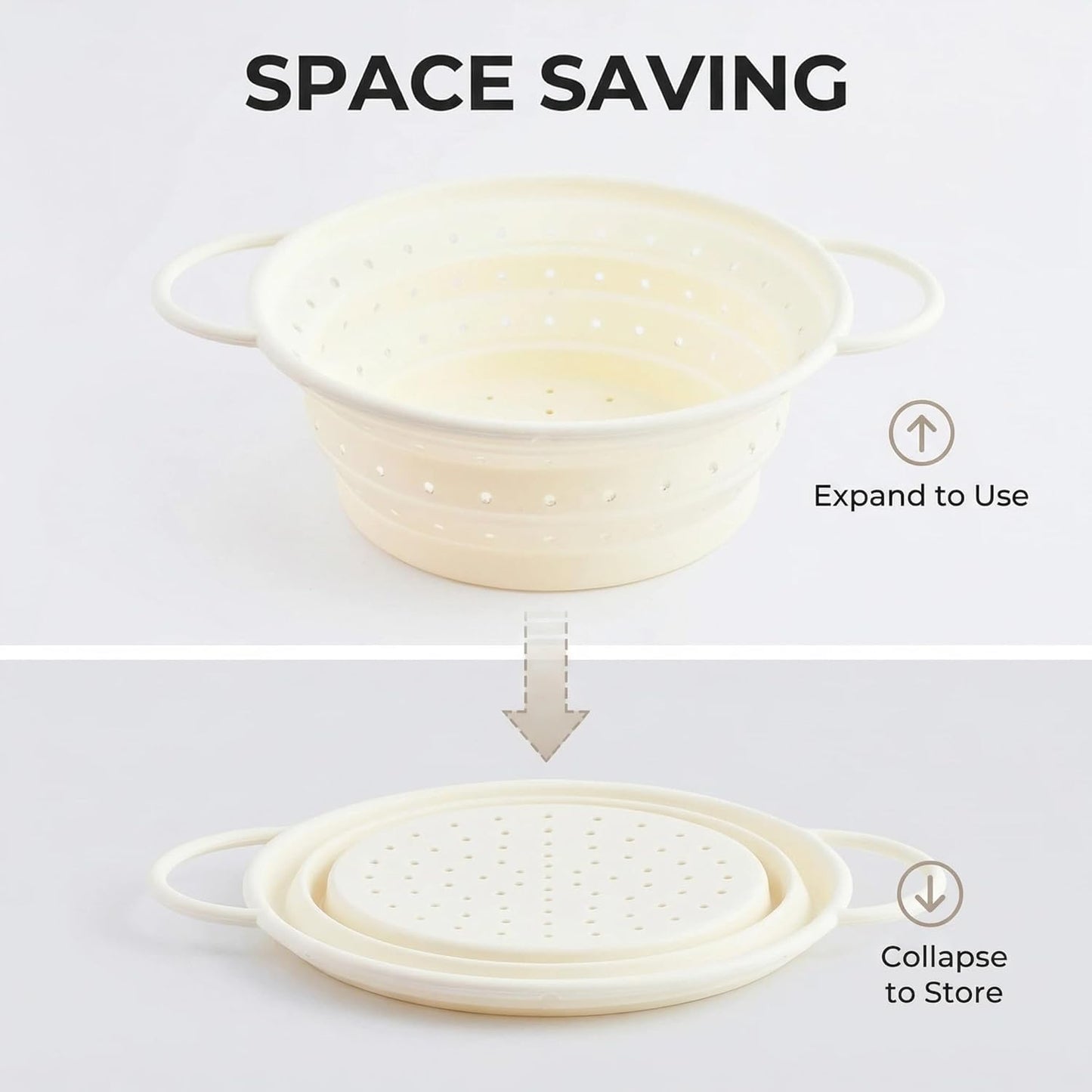 Collapsible Silicone Colander with Handles, Round Strainer with Stainless Steel Rim, Space Saving Kitchen Tool for Fruits & Vegetables,BPA-Free,Heat-Resistant Pasta Drainer(White, L)