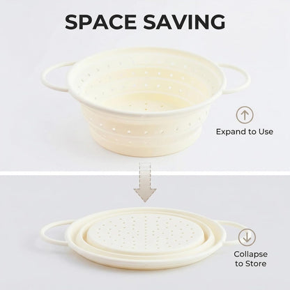 Collapsible Silicone Colander with Handles, Round Strainer with Stainless Steel Rim, Space Saving Kitchen Tool for Fruits & Vegetables,BPA-Free,Heat-Resistant Pasta Drainer(White, L)