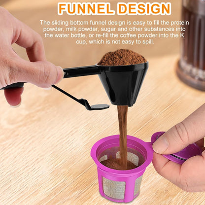2 Pcs Coffee Scoop with Funnel for Refillable Coffee Pods, Sliding Bottom Measuring Spoon for Ground Coffee, Protein Powder, Tea, Water Bottles