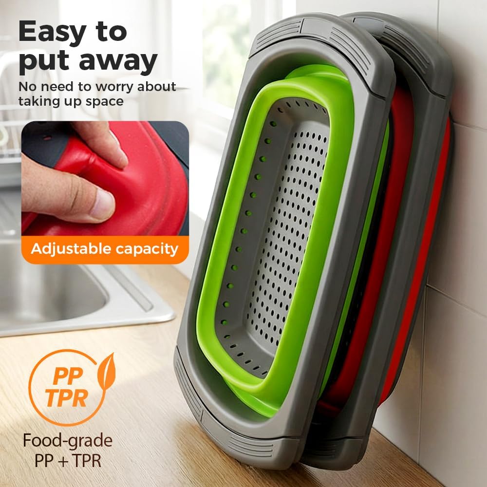 6 Quart Collapsible Colander Strainer, 2026 New Drain Cooked Pasta and Dry Dishes Square Silicone Kitchen Strainer, Upgrade Over The Sink Strainer Basket Colander Strainer (Green)