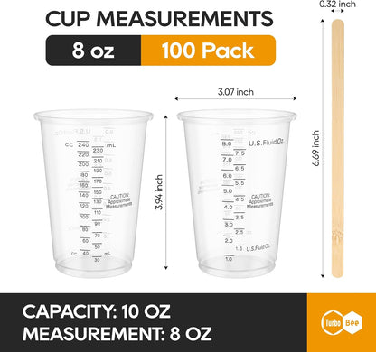 Turbo Bee Plastic Measuring Cups 8OZ,100 PACK Disposable Mixing Cups with 100 Mixing Sticks,Paint Graduated Measuring Tumblers for Epoxy Resin, Paint Mixing, Art DIY
