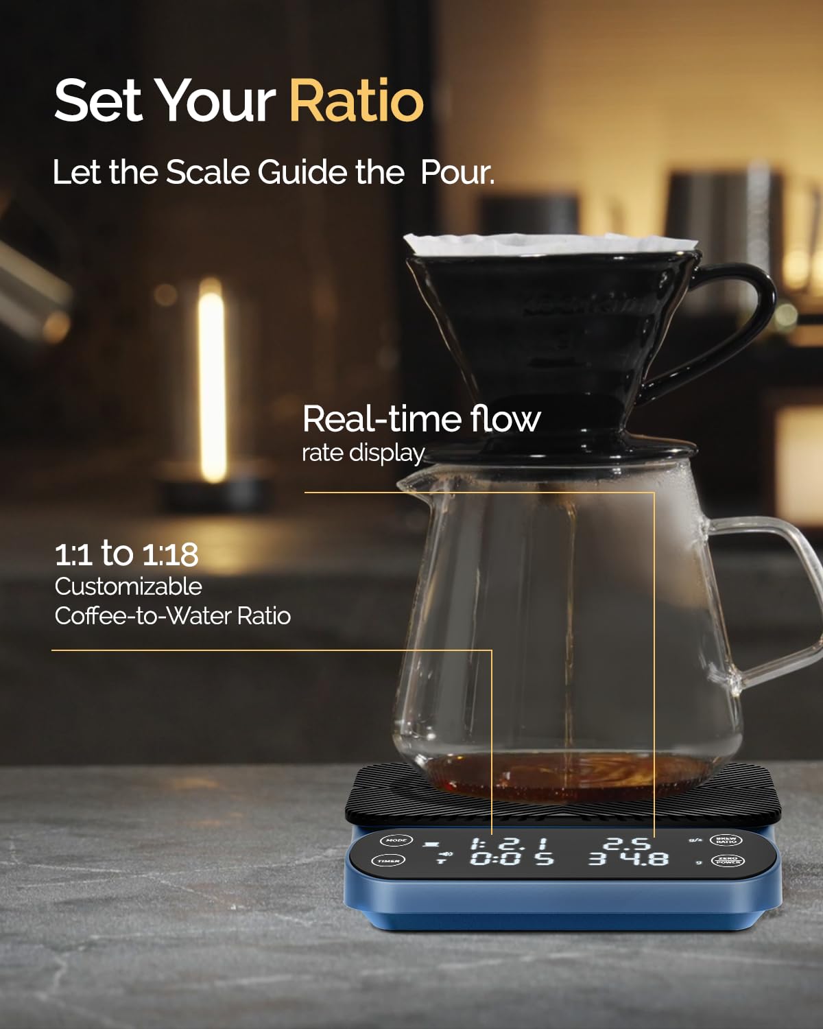 Maestri House S3 Coffee Scale with Timer, 3kg/0.1g Rechargeable Digital Scale, 3 Brew Modes, Adjustable Ratios & Flow Rate Display, Barista-Grade for Pour-Over, Espresso, French Press – Black