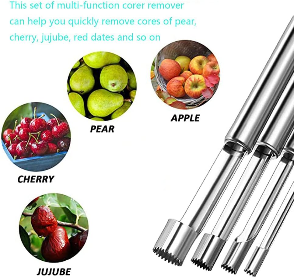 AngelReally 5 Size Multi-Function Fruit Corer and Pitter Set, Stainless Steel Apple Pear Cherry Remover, Includes 5 Corers and 1 Melon Ball Scoop