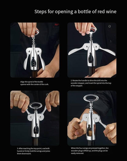 Wine Opener Wing Corkscrew - Ergonomic Stainless Steel Lever, Built - in Bottle Opener, Durable Wine Key for Home Bar Use(1Pack)