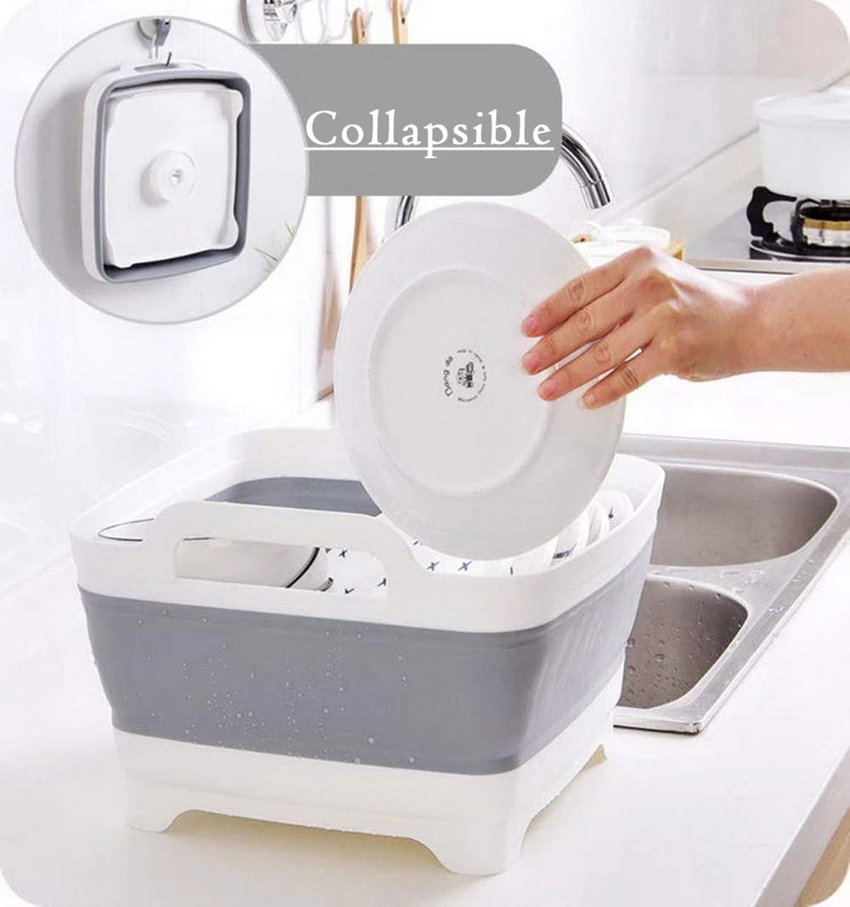 9L (2.4Gal) Dish Basin Collapsible with Drain Plug , Space Saveing Kitchen Storage Tray Dish Wash Basin, Portable Dish Tub, Foldable Dishpan for Camping ,RV,Green