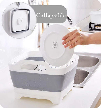 9L (2.4Gal) Dish Basin Collapsible with Drain Plug , Space Saveing Kitchen Storage Tray Dish Wash Basin, Portable Dish Tub, Foldable Dishpan for Camping ,RV,Green