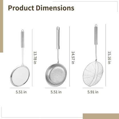 3 PCS Stainless Steel Spider Strainer Set, Long Handle Wire Skimmer Spoon and Fine Mesh Sieves, 304 Steel Kitchen Oil Frying Scoop, Noodle Pasta Strainer for Cooking, Hanging Loop